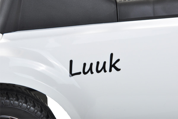 Zwarte naamsticker voor de witte Volkswagen T-roc.